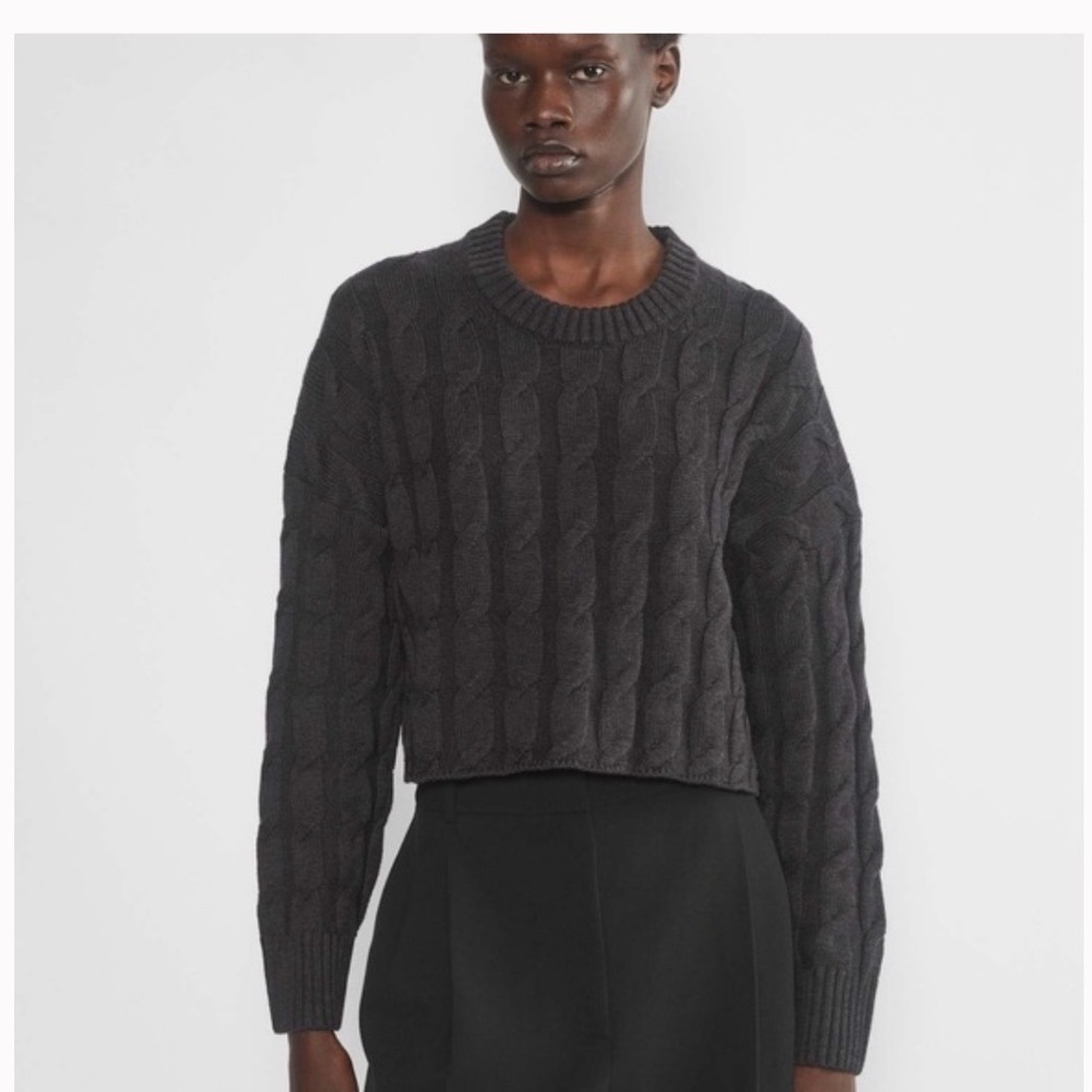 Babaton Aritzia Wool Cable Knit Cropped Sweater Charcoal‎ Grey 111233 Womens M
